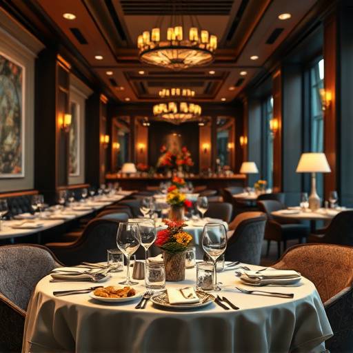 A beautifully decorated dining area at Gourmet Delights, showcasing elegant tables and comfortable seating with soft lighting.