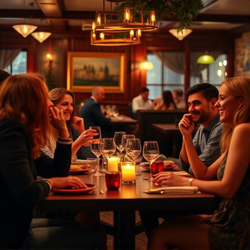 A group of friends enjoying dinner and conversation at Gourmet Delights.