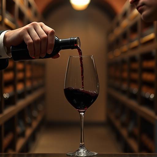 A sommelier expertly pouring red wine into a crystal glass in a dimly lit cellar