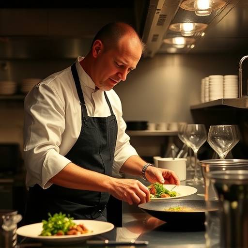 Chef Pierre Dubois preparing a dish in the Gourmet Delights kitchen.