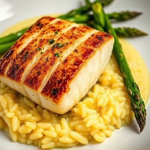 Close-up of perfectly seared Chilean Sea Bass with saffron risotto and asparagus.