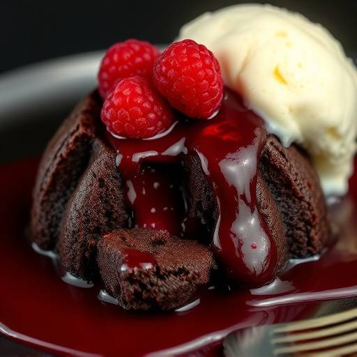 Decadent chocolate lava cake with raspberry sauce and vanilla ice cream.