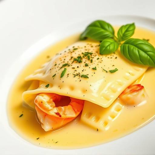 Delicious homemade lobster ravioli with lemon butter sauce and fresh basil.