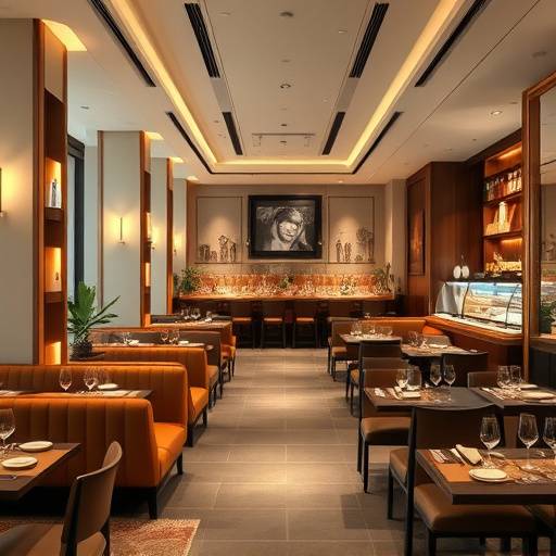 Elegant interior of Gourmet Delights restaurant with soft lighting and comfortable seating.
