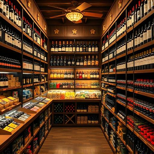Extensive wine selection displayed in Gourmet Delights' cellar.