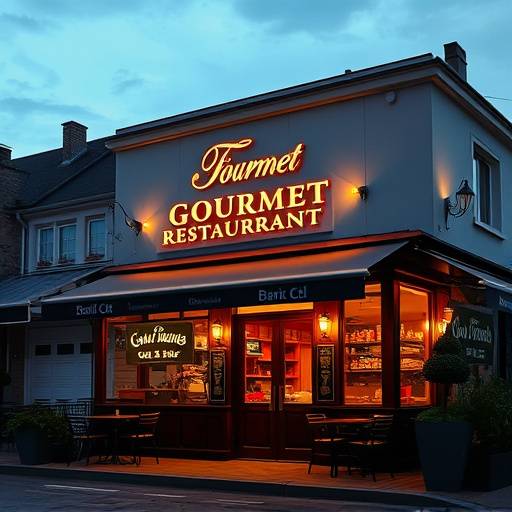 Exterior of Gourmet Delights restaurant at dusk, showing outdoor seating and warm lighting
