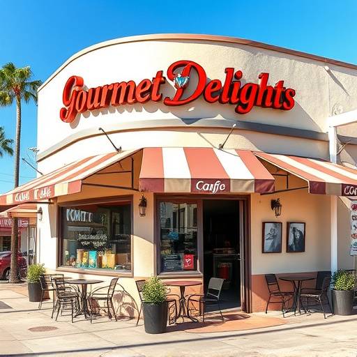 Exterior view of the Gourmet Delights Restaurant building on a sunny day in Anytown, California. Features outdoor seating and elegant signage.