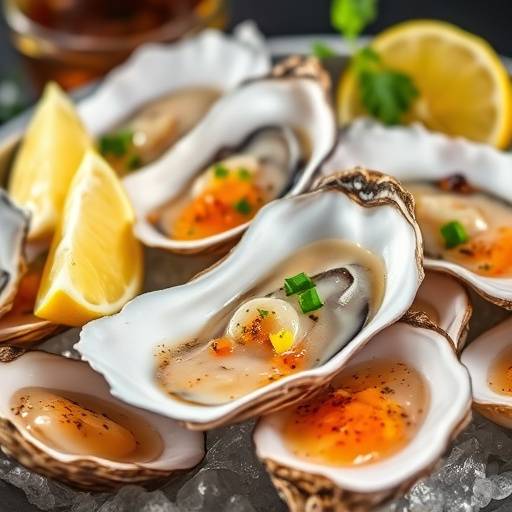Fresh oysters on the half shell, served with mignonette sauce and lemon wedges.