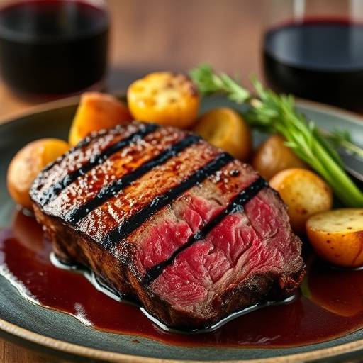 Grilled Prime Ribeye Steak with Roasted Garlic Potatoes and Red Wine Reduction