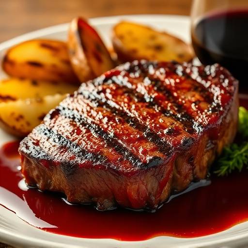 Juicy grilled prime ribeye steak served with roasted garlic potatoes and red wine reduction.