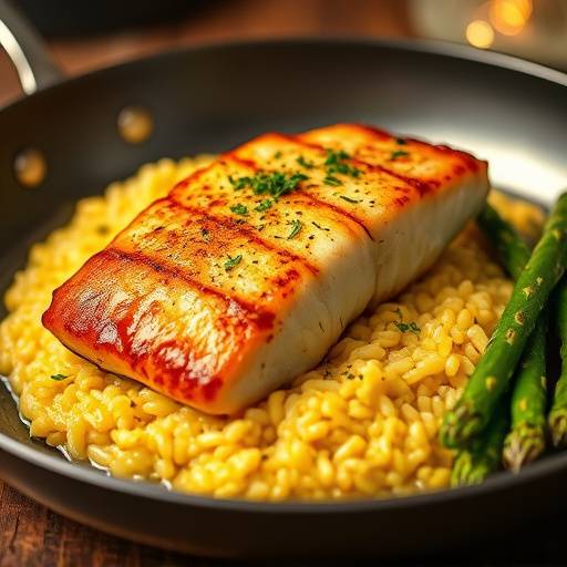 Pan-Seared Chilean Sea Bass with Saffron Risotto and Asparagus