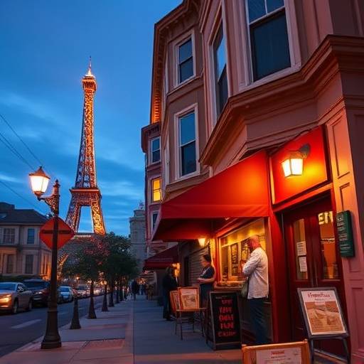The exterior of Gourmet Delights Restaurant in San Francisco at dusk.