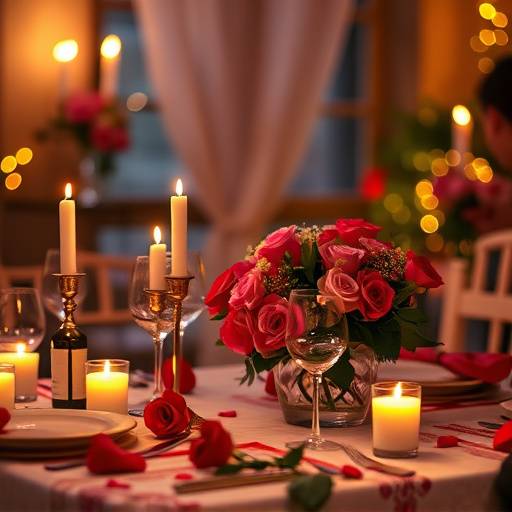 Valentine's Day Dinner - A romantic dinner setting with candles and flowers.